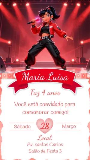 Convite de Aniversário Cantora Pop Star Vermelho Editável