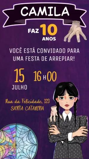 Convite Aniversário Wandinha Addams para Editar Online