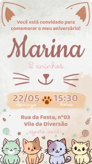 Convite de Aniversário Gatinhos Fofos para Editar Online