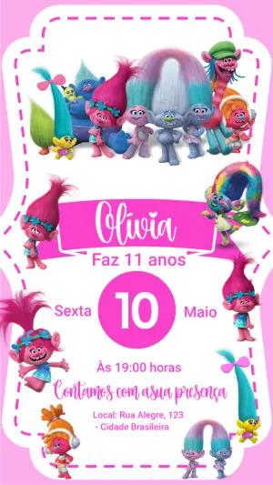 Convite de Aniversário Trolls Rosa e Colorido para Editar