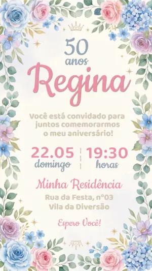 Convite de Aniversário 50 Anos Floral Aquarela Editável