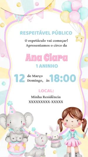 Convite de Aniversário Circo Rosa com Animais para Editar