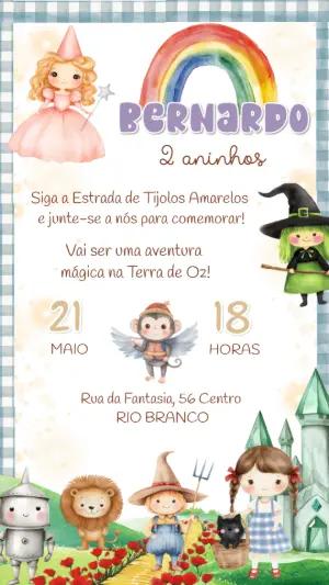 Convite de Aniversário Mágico de Oz Infantil para Editar