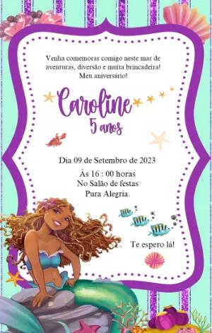 Convite Aniversário Sereia Negra para Editar Online