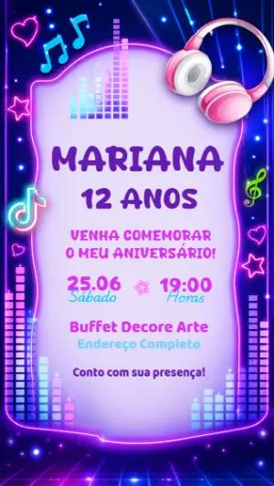 Convite de Aniversário Neon Musical para Editar
