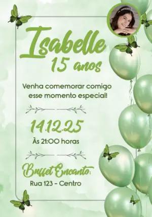 Convite de 15 anos Verde com Borboletas Modelo Editável