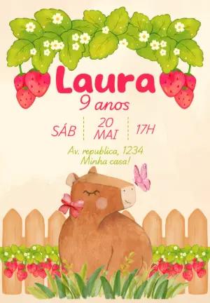 Convite de Aniversário Capivara e Morangos para Editar Online