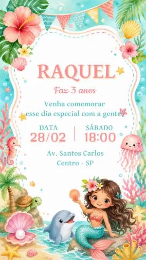 Convite de Aniversário Sereia Aquarela Modelo Editável