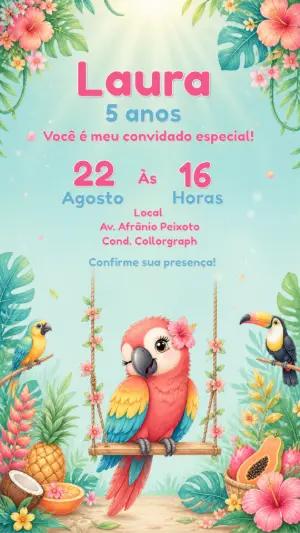 Convite de Aniversário Festa Tropical Arara Editável