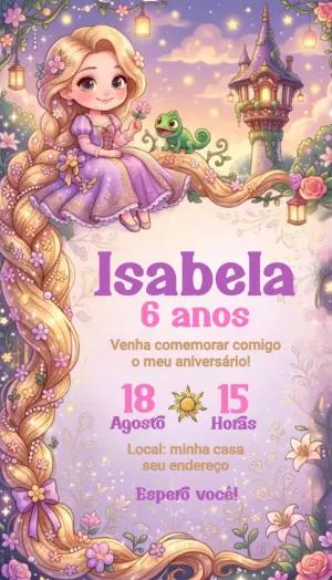 Convite de Aniversário Rapunzel Editável para Festa Infantil