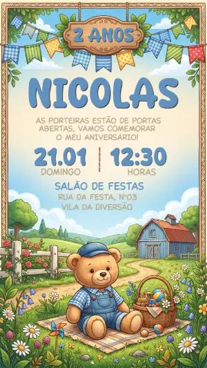 Convite de Aniversário Ursinho Fazendeiro Editável