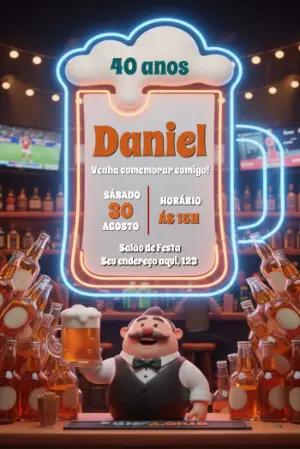 Convite de Aniversário Boteco 3D com Neon para Editar