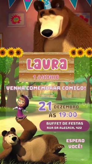 Convite Animado Aniversário Masha e o Urso para Editar Online
