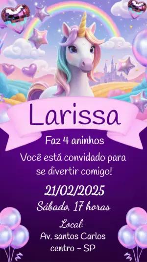 Convite de Aniversário Unicórnio Mágico Colorido para Editar