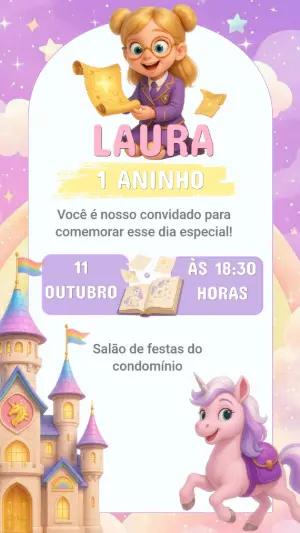 Convite de Aniversário Aventura Mágica com Unicórnio Editável
