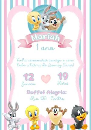 Convite de Aniversário Baby Looney Tunes Rosa e Azul Editável