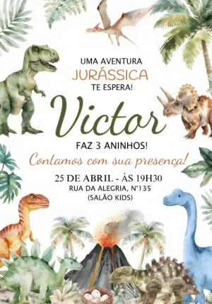 Convite de Aniversário Dinossauros Aquarela Editável