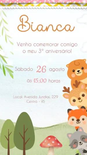 Convite de Aniversário Animais do Bosque Fofo para Editar