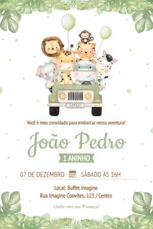 Convite Digital Aniversário Infantil Tema Safari para Editar