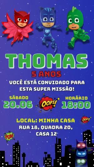 Convite Digital PJ Masks: Aniversário de Heróis Editável