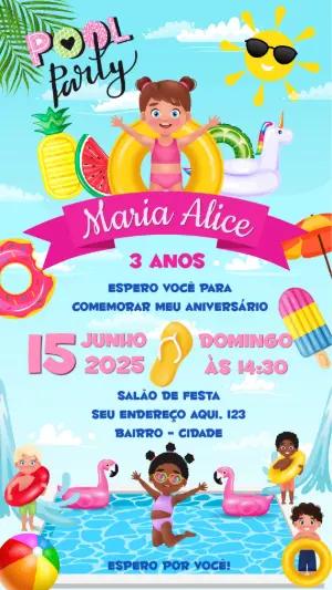 Convite de Aniversário Pool Party Infantil para Editar Online