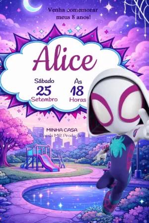 Convite de Aniversário Spider-Gwen Roxo e Rosa para Editar