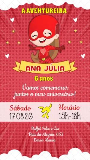 Convite de Aniversário Aventureira Vermelha Editável