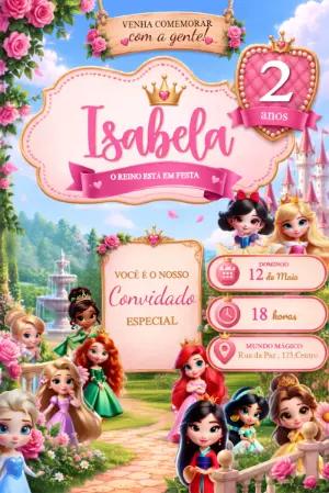 Convite Digital Aniversário Princesas da Disney Editável