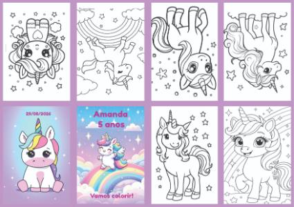 Livrinho de Colorir Unicórnio para Aniversário Editável