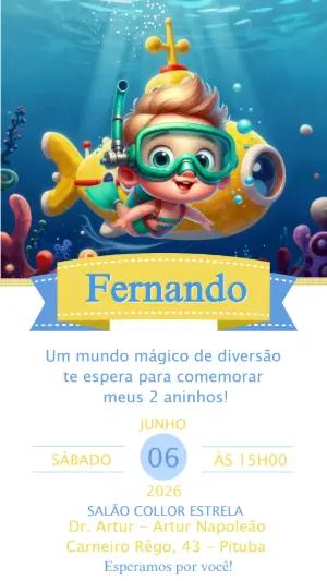 Convite de Aniversário Fundo do Mar com Submarino Editável