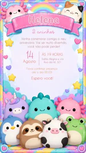 Convite de Aniversário Menina Squishmallows para Editar Online