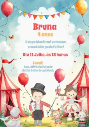 Convite de Aniversário Circo com Personagens para Editar Online