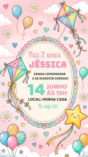 Convite de Aniversário Infantil Pipa Aquarela para Editar