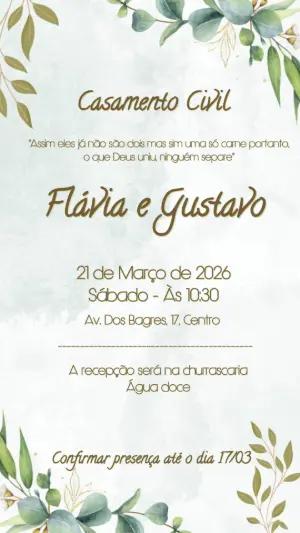 Convite Casamento Civil Elegante com Folhas Verdes Editável