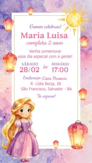 Convite de Aniversário Rapunzel Aquarela para Editar