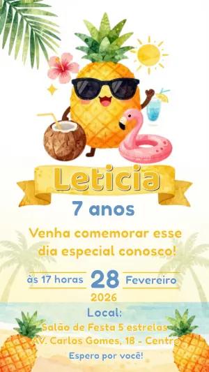 Convite de Aniversário Tropical com Abacaxi Editável