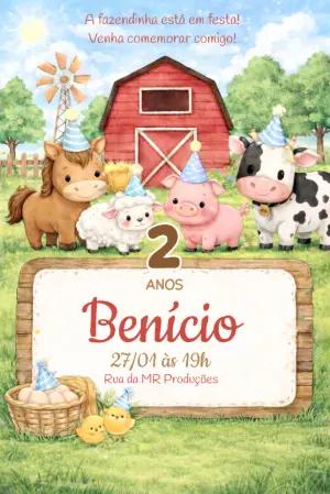 Convite de Aniversário Fazendinha Fofo com Animais para Editar