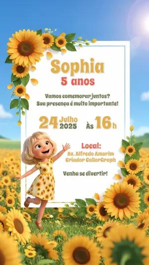 Convite de Aniversário Girassol para Editar Online