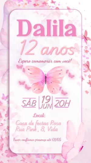 Convite de Aniversário Borboleta Rosa Aquarela Editável