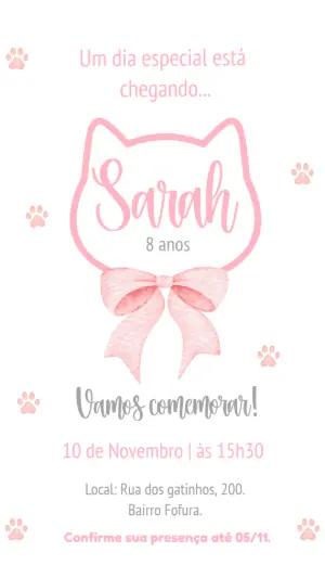 Convite de Aniversário Gatinha Rosa Editável para Menina