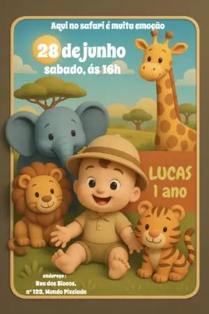 Convite de Aniversário Safari com Animais Fofos para Editar