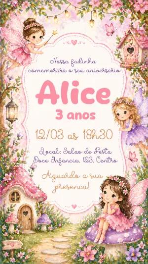 Convite de Aniversário Jardim das Fadas Rosa Editável