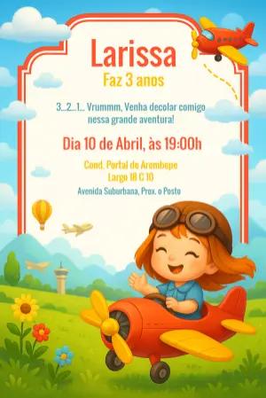 Convite Aniversário Menina Aviadora para Editar Online