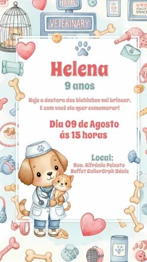 Convite Aniversário Veterinária com Animais Fofos para Editar