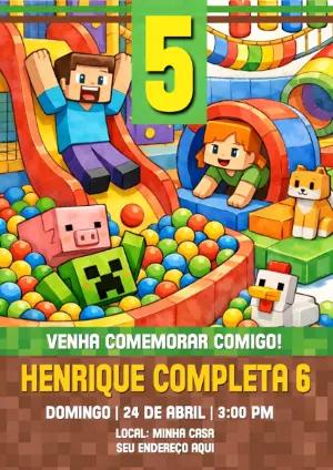 Convite de Aniversário Minecraft Ilustrado para Editar