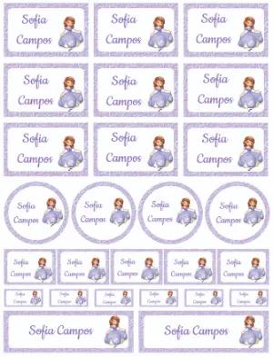 Kit de Etiquetas Escolares Princesa Sofia Lilás para Editar