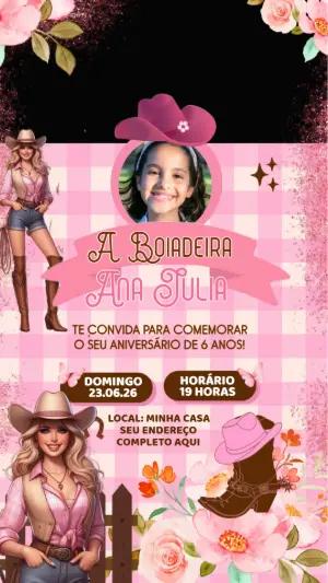 Convite Animado Aniversário Boiadeira Rosa para Editar