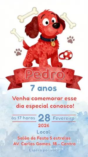 Convite Digital Aniversário Infantil Tema Cachorro Vermelho