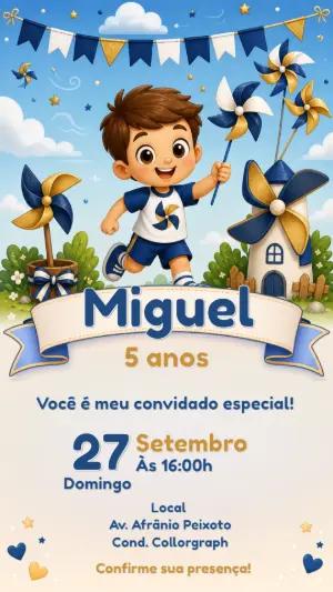 Convite de Aniversário Menino Tema Catavento Editável