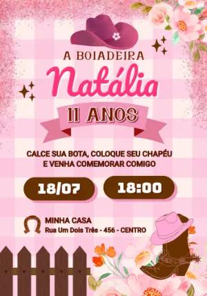 Convite de Aniversário Boiadeira Country Rosa para Editar